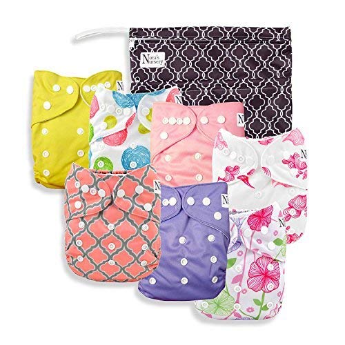 Pink Blossom Baby Cloth Pocket Diapers 7 Pack, 7 Bamboo Inserts, 1 Wet Bag by Nora's Nursery