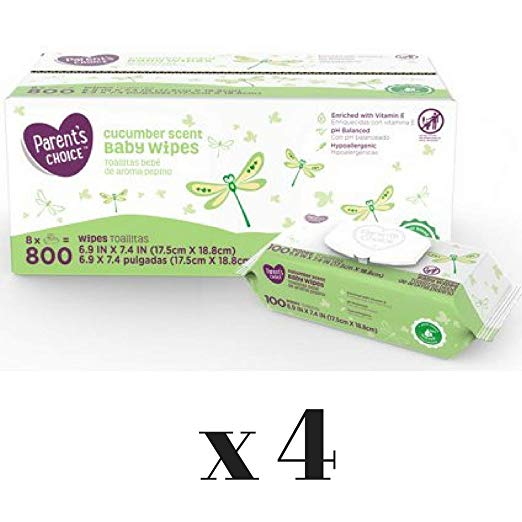 Parents Choice Baby Wipes, (Cucumber Scent, 800 Count- 4 Box)