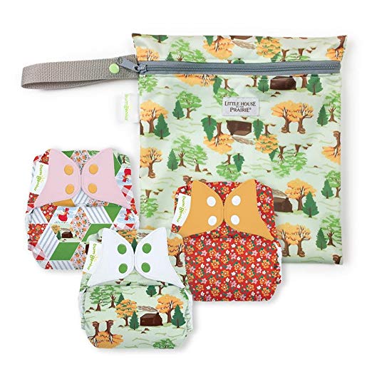 bumGenius Freetime All-in-One One-Size Snap Closure Cloth Diaper - Little House in The Big Woods Collection - Keepsake Set: 3 Cloth Diapers and 1 Wet Bag