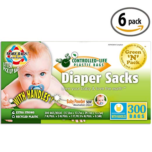 Green N Pack Baby Diaper Sacks with Fresh Baby Powder Scent (BPA Free), 300 Count, Pack of 6