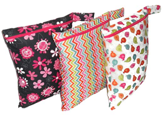 Jona's Creation, Set Of 3 pcs Large Reusable Wet Bag for Cloth Diaper, Cloth Diaper Bag, Waterproof Diaper Bag, Travel Wet Bag, Swimsuit, Nappy Bag- ( Chevron, Floral, Bird )