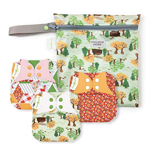 bumGenius Elemental 3.0 All-in-One One-Size Cloth Diaper with Organic Cotton - Little House in The Big Woods Collection - Keepsake Set: 3 Cloth Diapers and 1 Wet Bag