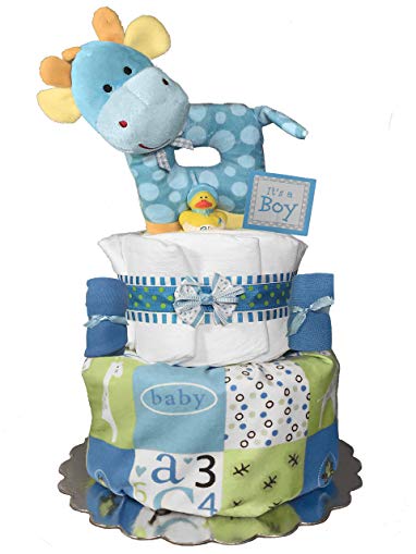 Giraffe Diaper Cake - Baby Shower Gift - Newborn Centerpiece - Blue and Green