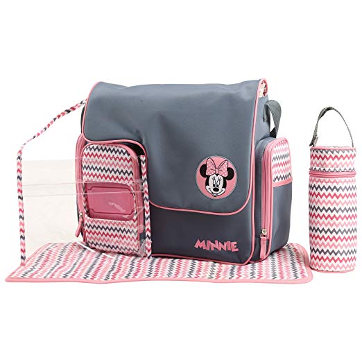 Disney Minnie Mouse Chevron Print 5 Piece Diaper Bag Set, Pink