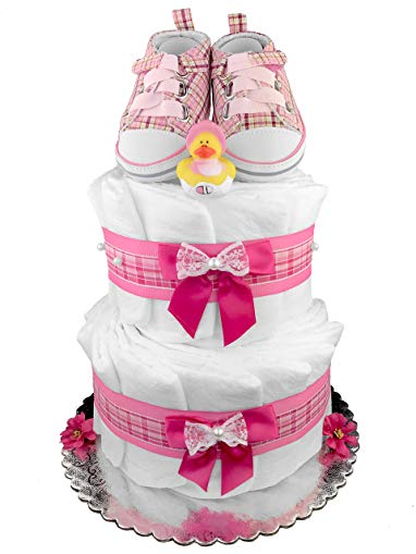 Newborn Pink Tennis Shoes Diaper Cake - Baby Shower Gift - Centerpiece