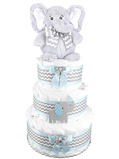 Elephant 3-Tier Diaper Cake - Baby Shower Gift - Blue and Gray