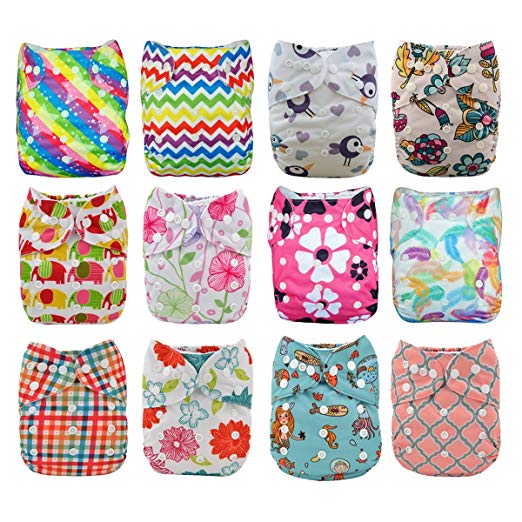 Babygoal Baby Cloth Diapers,One Size Adjustable Reusable Pocket 12pcs Diapers+12pcs Bamboo Viscose Inserts+Wet Bag+4pcs Baby Wipes 12fg45-2