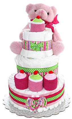 3 Tier Diaper Cake - Pink Teddy Bear Diaper Cake For Girl - Baby Gift For Baby Shower - Teddy Bear Theme - Diaper Cake Is Decorated With Cupcakes Made Out Of Newborn Socks And Washcloths (Pink)