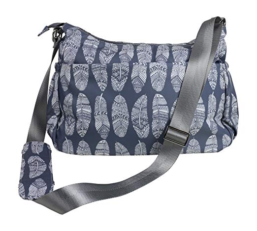 Diaper Bag Purse & matching Changing Pad in Premium Gray Nylon w/ 11 Pockets Insulated for Baby Bottles Silver Tone Hardware Perfect Spacious Crossbody Hobo Bags for Moms Grey Feathers Stroller Straps