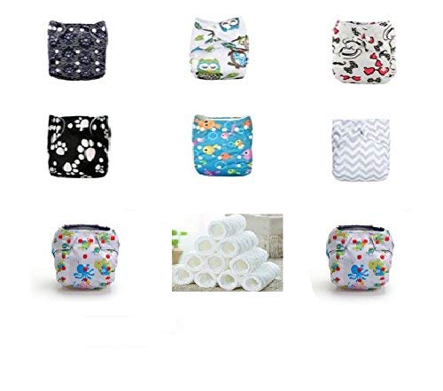 Organic Washable Cloth Diapers | Combination Pack of 8 | 6 Daytime + 2 Nighttime Heavy Wetter + 10 Bamboo 4-Layer Inserts | Adjustable One Size Fits All | Unisex Prints