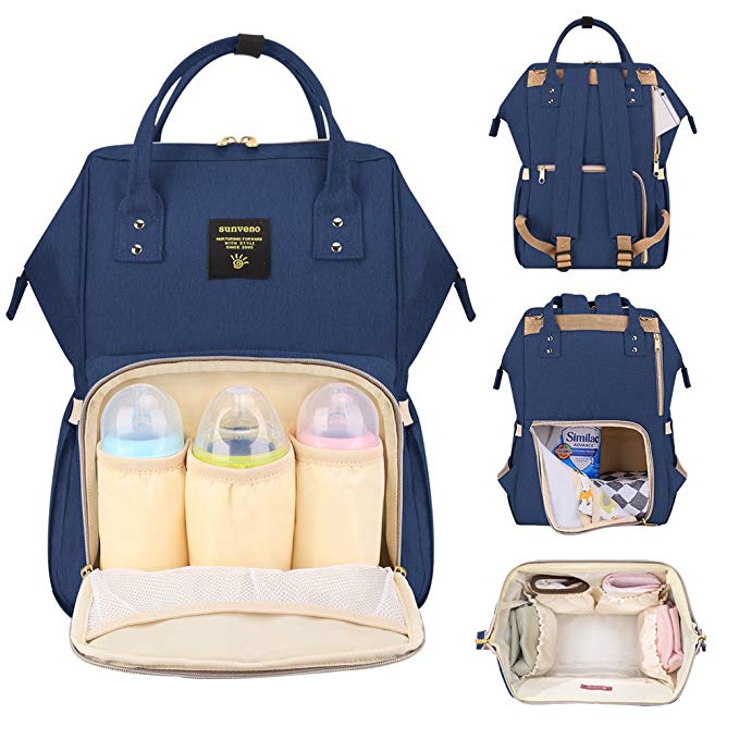 SUNVENO Diaper Bag Backpack Functional Baby Nappy Changing Bag with Insulated Pockets Waterproof Fabric Large Capacity (Navy)