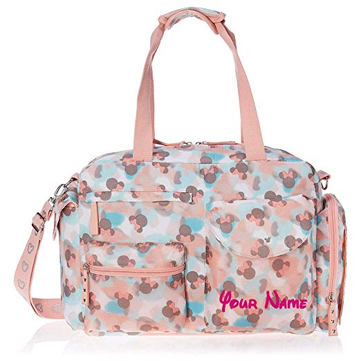 Personalized Disney Minnie Mouse Print Pink and Teal Multi-Pocket Functional Satchel Diaper Bag Gift Set - 4 Piece Set