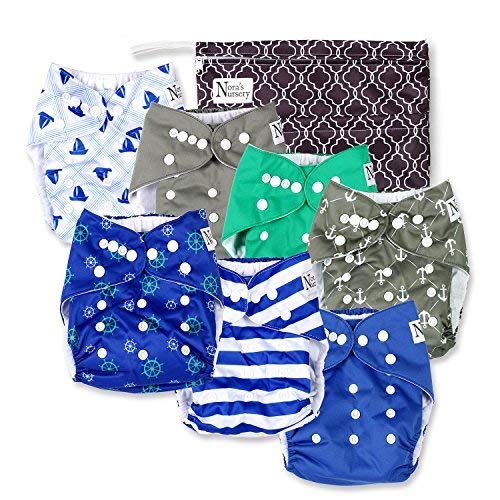 Nautical Baby Cloth Pocket Diapers 7 Pack, 7 Bamboo Inserts, 1 Wet Bag by Nora's Nursery