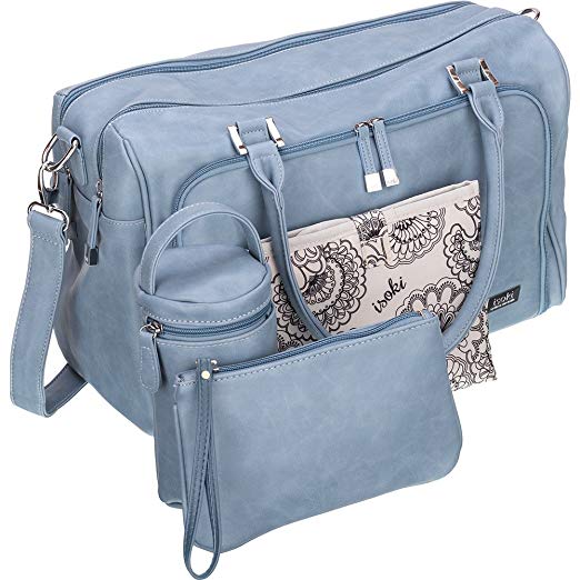 Isoki Baby Diaper Bag with 13 Pockets| Large Blue Tote for your Boy and Girl | Organizer Bags for Travel | Gift Set includes Changing Mat, Purse and Bottle Pack