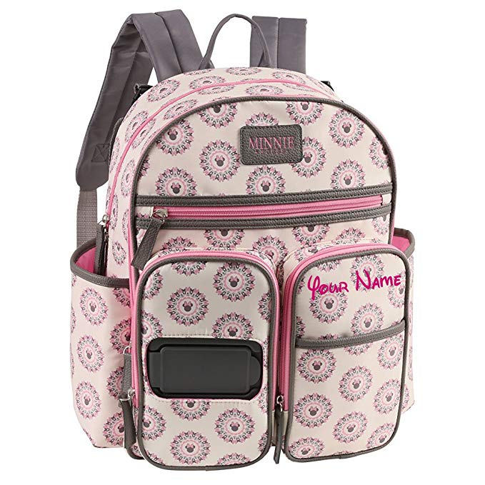 Personalized Disney Minnie Mouse Mandala Print Multi-Pocket Functional Baby Backpack Book Bag Diaper Bag Gift Set - 4 Piece Set