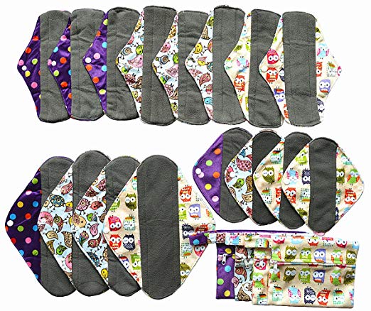 20pcs Set 4pc Mini Wet Bag + 16pcs Charcoal Bamboo Mama Cloth/ Menstrual Pads/ Reusable Sanitary Pads - Minky Pattern