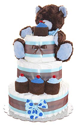 Newborn Diaper Cake 3 Tier- Brown Teddy Bear Classic Diaper Cake / Baby Boy Gift (Brown-Blue)