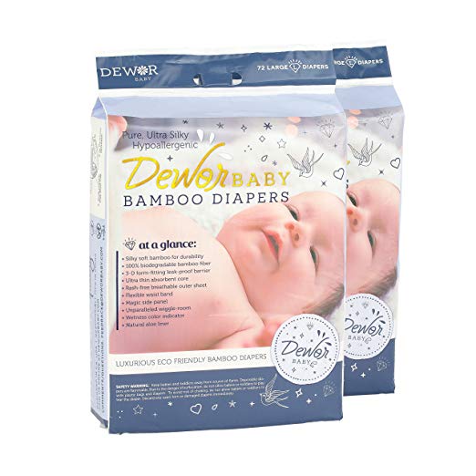 Dewor Baby Premium Bamboo Disposable Diapers, Large (20-31 lbs), 2 Pack,2x72 Count