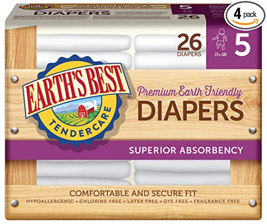 Earth's Best TenderCare Chlorine-Free Diapers, Fragrance Free, Size 5, Weight 27+ lbs, 26 Count (Pack of 4)