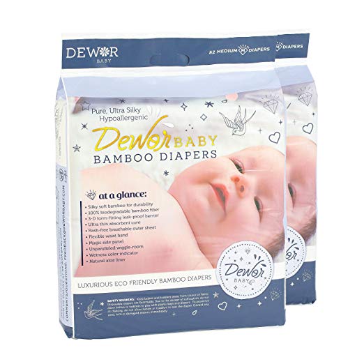 Dewor Baby Premium Bamboo Disposable Diapers, Medium (13-22 lbs), 2 Pack,2x82 Count